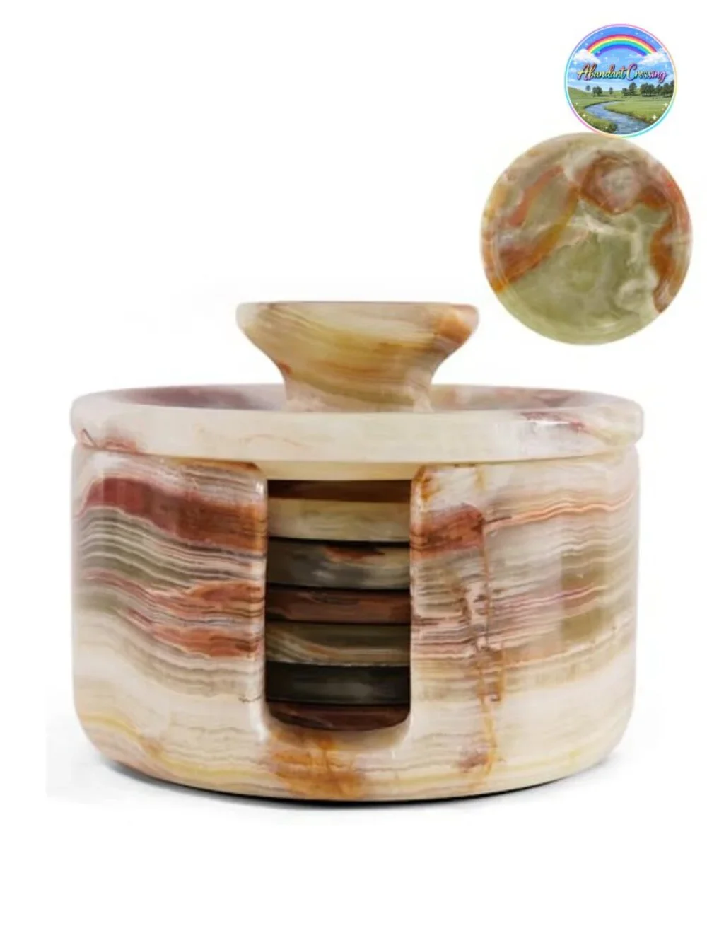 Green Onyx Marble Coasters Set of 6 with Holder & Lid, Stone Drink Coasters for